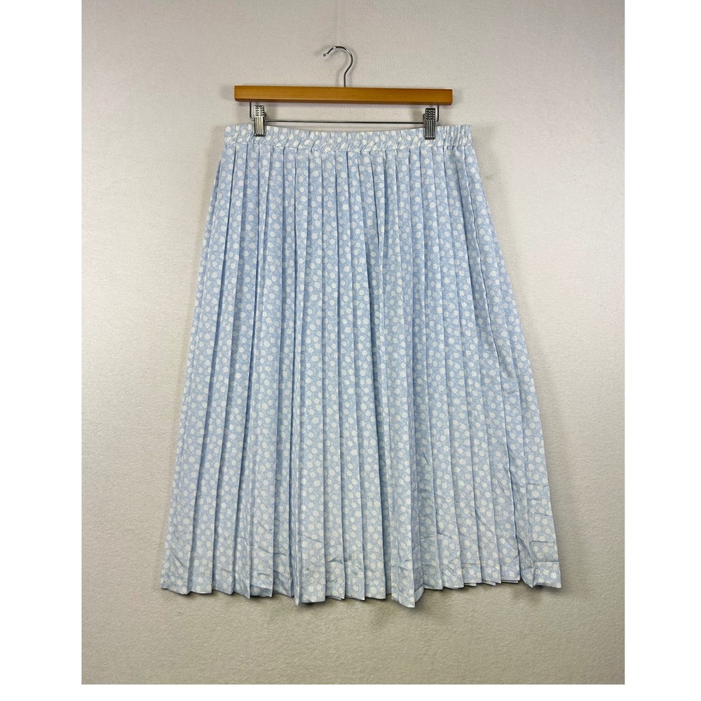 Andrea Gayle Pleated‎ Midi Skirt Blue White Floral Print Elastic Waist Women's L